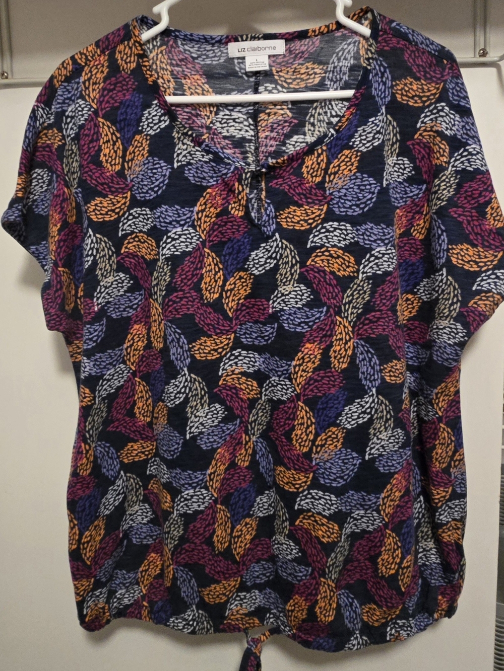 Liz Claiborne Women's Navy Multicolor Short Sleeve Tie-Hem Top